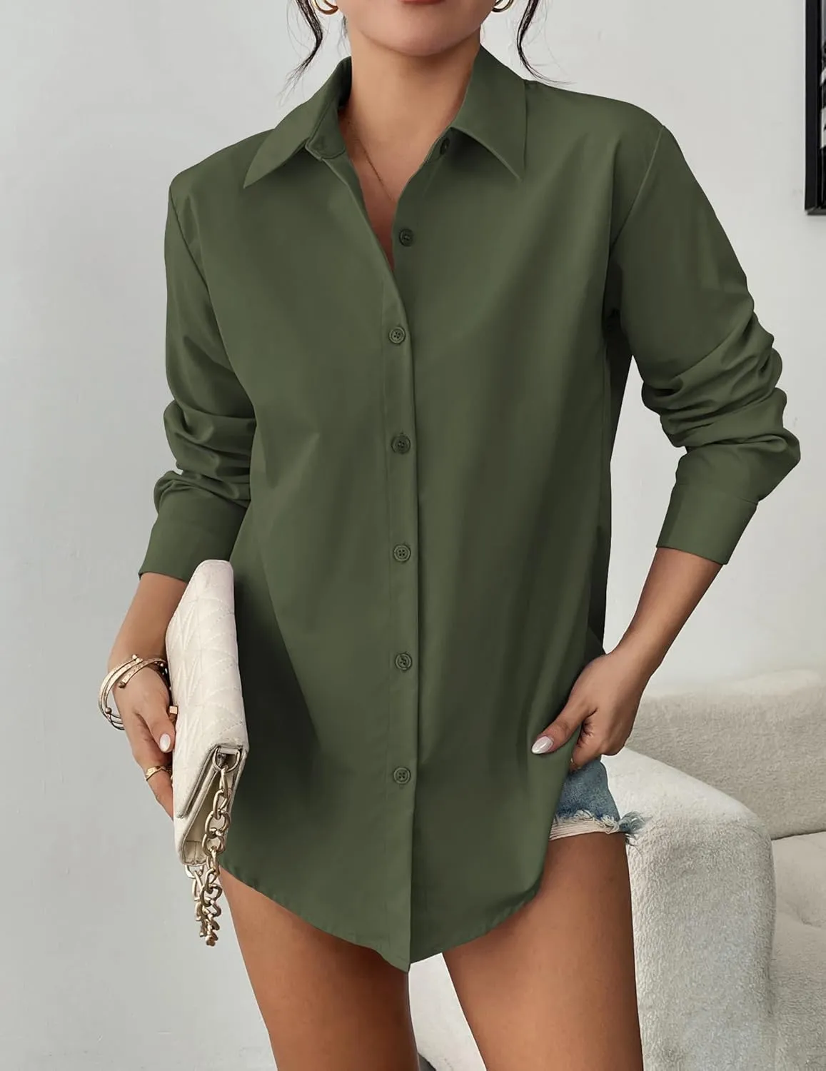 Zeagoo Womens Button Down Shirt Long Sleeve Blouses Solid Work Casual Business Tops Loose Fit Fall Shirts S-2XL