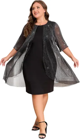 ZNU Plus Size Women Elegant Wedding Guest Mesh Dress Formal Gowns - 2025 Cocktail Party Midi Dress Half Sleeve