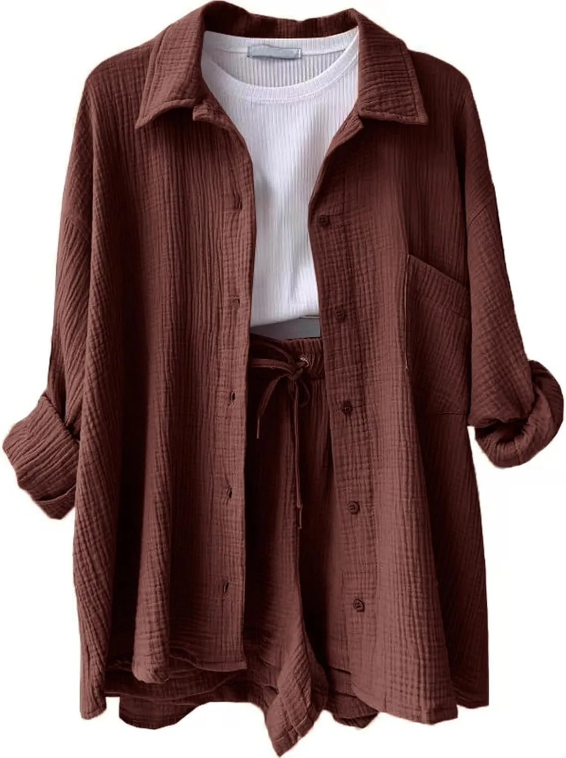 ZWRXW Linen 2 Piece Sets for Women Lightweight Spring Summer Two Piece Oversized Shirts and Shorts Matching Set Beach Outfits